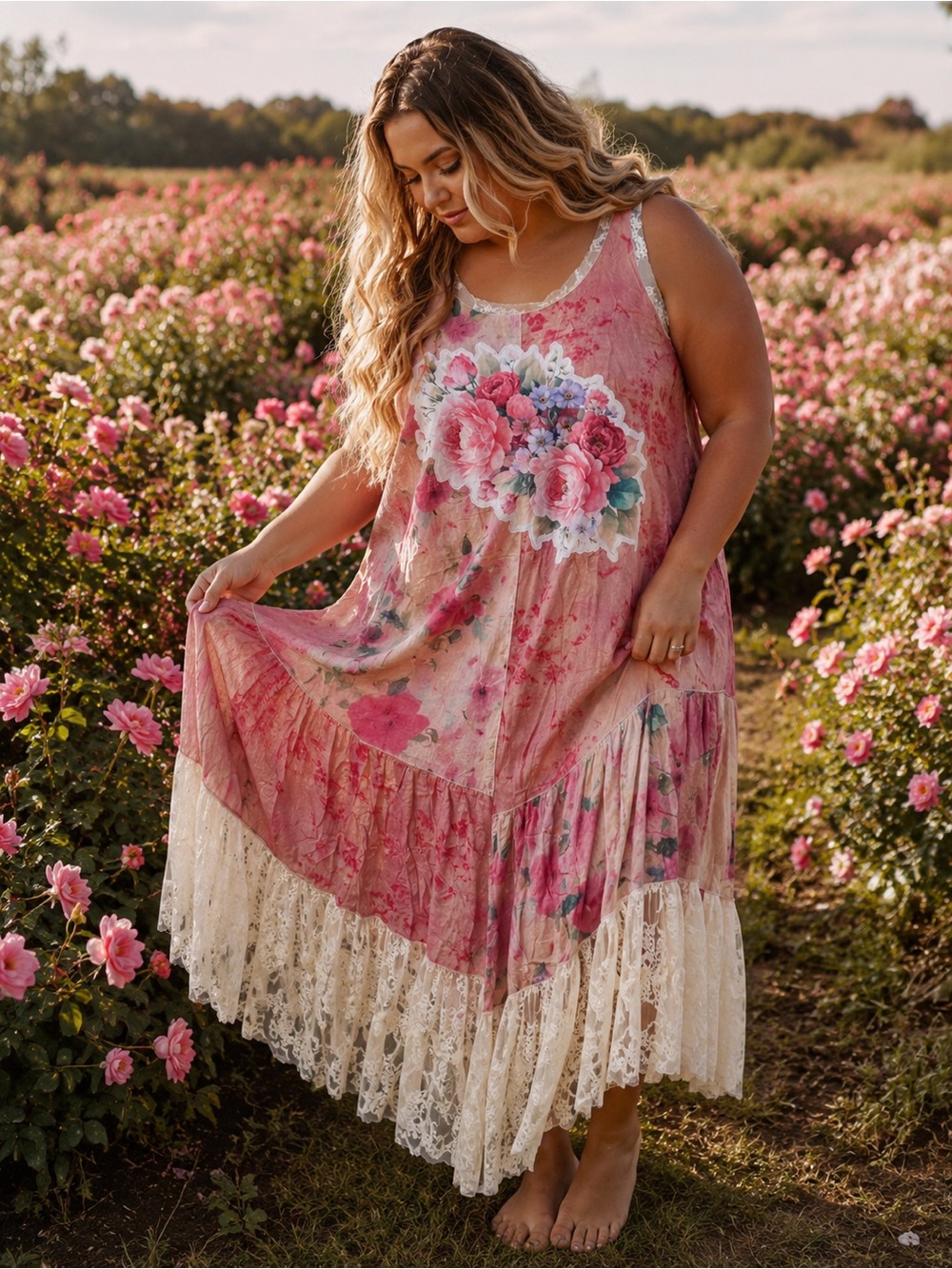 NEW Pink Floral Lace-Trim Maxi Dress — Romantic Sleeveless Gown Size 2X BRB SL - Picture 5 of 14